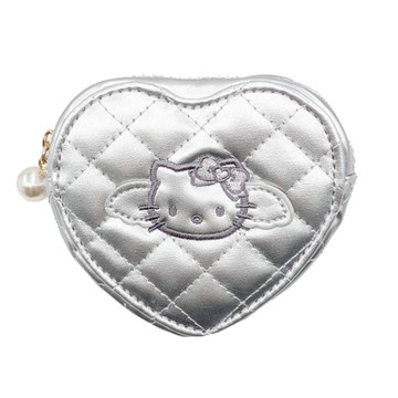 小禮堂 Sanrio 三麗鷗 Hello Kitty 皮質心型零錢包 (銀 灰階黑天使系列)