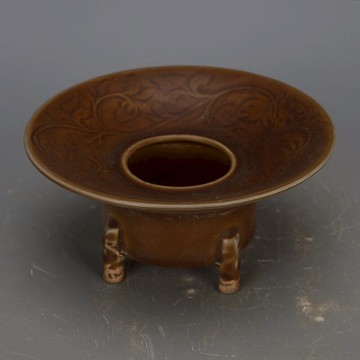 宋 耀州窯醬釉暗刻花卉四足果盤渣肚瓶 仿古舊貨瓷器古玩軟裝擺件