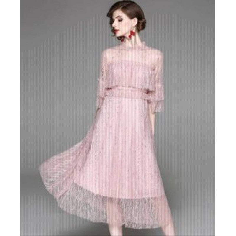 パーティードレス 可愛い レース ドット クルーネック 七分袖 フレア ミモレ丈 透け感 エレガント ピンク パーティー 結婚式 二次会 通販 Lineポイント最大1 0 Get Lineショッピング