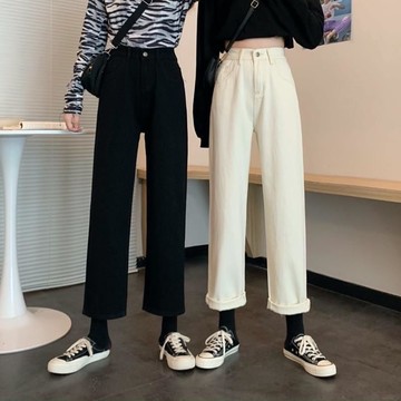韓版牛仔寬褲 高腰寬鬆直筒褲 時尚休閒簡約闊腿長褲女