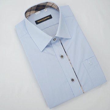 【金‧安德森】經典格紋繞領淡藍鑲邊窄版長袖襯衫