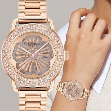 COACH 晶鑽山茶花雙鏤空機械女錶-37mm CO14504367