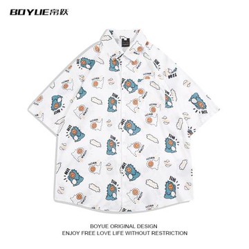 BOYUE帛躍夏季卡通可愛短袖襯衫情侶青少年ins高級感襯衣設計感男