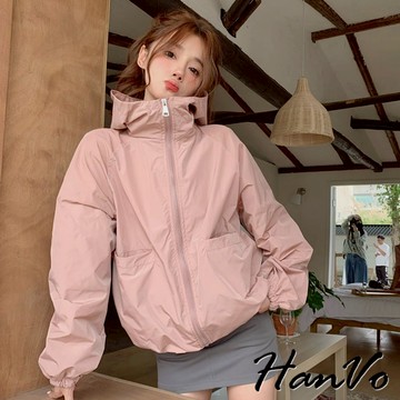 【HanVo】天天出貨 運動連帽衝鋒透氣外套 運動外套 連帽外套 寬鬆百搭 防曬  拉鍊外套 女生外套 A07-5005