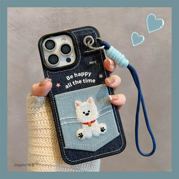 適用iPhone15/16promax手機殼蘋果13/14新款卡通牛仔刺繡西高地小狗卡包16pro帶掛繩17女款14pro絨布12保護套