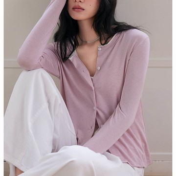 KPUWARM - 天絲羊毛拼色圓領開衫外套-凝粉