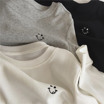 chic港味笑臉長袖t恤女春秋寬松ins慵懶風外穿內搭學生打底衫