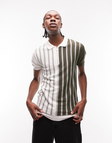 Topman knitted polo with stripe in sage-Navy