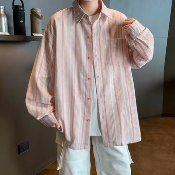 粉色條紋襯衫男春夏季多巴胺穿搭長袖襯衣潮牌休閑高級感薄款外套