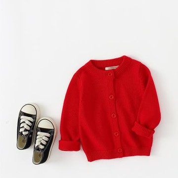 日系春秋冬款男女寶寶兒童喜慶大紅色純棉厚針織開衫內搭毛衣外套