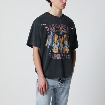 Grey vintage-effect T-shirt with rock print