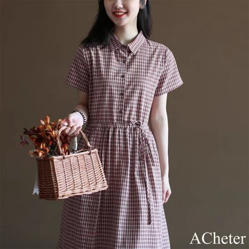 【ACheter】森系復古文藝純棉格子襯衫裙系帶收腰長款連身裙短袖洋裝# 122472(現貨+預購)