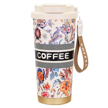 316不鏽鋼雙飲晶瓷咖啡隨行杯  1個  500ml  白色花語