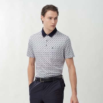 Pierre Cardin 男款 幾何格紋胸前口袋短袖POLO衫-灰紫色 (5267264-95)