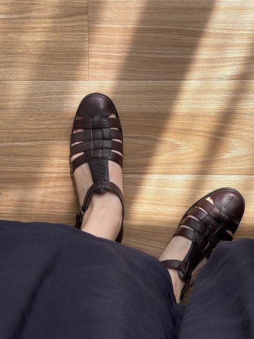 復古文青 手工做舊 羊皮 編織涼鞋 巧克力色