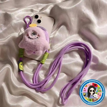 【新品】卡通小怪獸零錢包適用手機背夾斜跨掛繩可背防丟防摔卡包掛飾女款手機短繩 零錢包 零錢袋 可愛手機掛繩