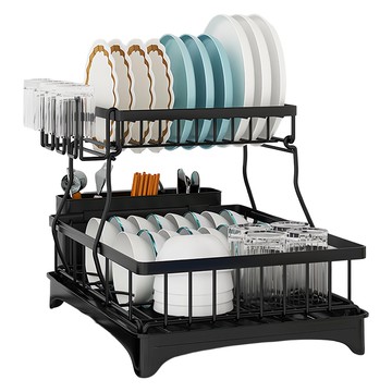 桌面餐具瀝水架 自動排水/碗盤架/杯架/餐具架/通風快乾/大容量  2層  黑色  1個