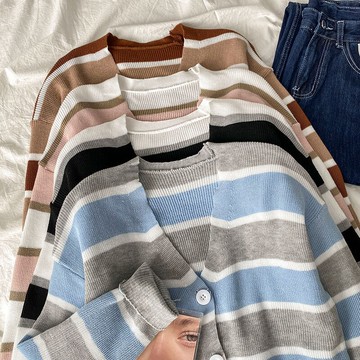 V領條紋針織打底衫女新款爆款毛衣冬季開衫設計感小眾上衣