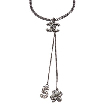 【二手名牌BRAND OFF】CHANEL 香奈兒 黑色鍍金 雙C NO5 水鑽 項鍊