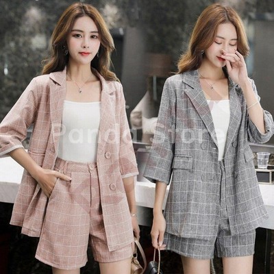 セットアップレディース春夏スーツ2点セットアップチェック柄スーツ七分袖スーツジャケットショート丈パンツ通勤olオシャレ上品2色 通販 Lineポイント最大get Lineショッピング