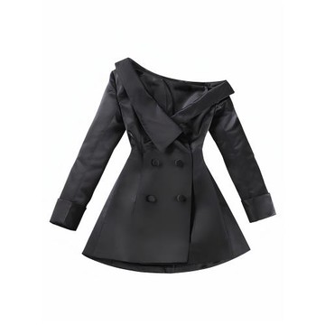 復古黑色緞面西裝裙性感收腰顯瘦西裝外套女長款高級感炸街小西服