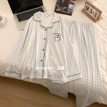 可愛小狗德絨睡衣女秋冬季日系格子珊瑚絨加厚保暖翻領家居服套裝