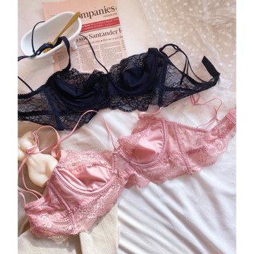 粉色蕾絲內衣一套薄款大胸顯小bra超薄少女縮胸防下垂顯瘦文胸
