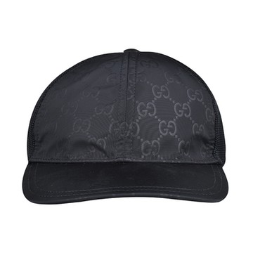 GUCCI 古馳 雙G壓紋印花LOGO帆布拼接網布帽子(黑)