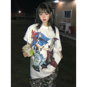 美式復古白色短袖女夏季新款卡通印花半袖t恤oversize情侶上衣潮