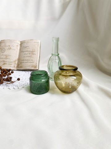 【好日戀物】德國復古玻璃琥珀手繪小花綠色造型花瓶罐收納儲物罐