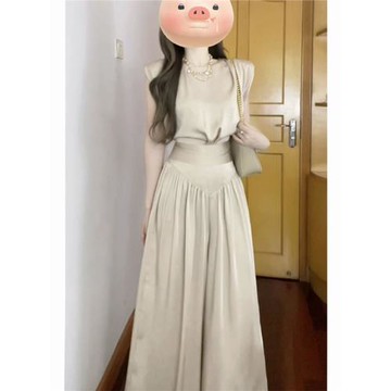 茶系穿搭一整套無袖背心上衣闊腿褲鹽系輕熟兩件套裝2025夏季新款