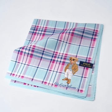 RALPH LAUREN POLO BEAR小熊粉彩格紋純棉手帕領巾(淺藍色 48×48cm 日本製 附品牌紙袋)