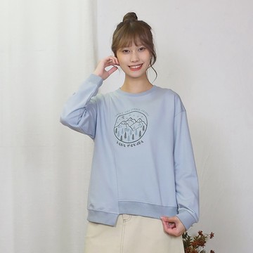 Hana-Mokuba花木馬日系女裝不對稱剪接趣味植絨印花大學T_灰藍