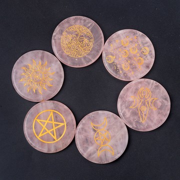 宏雲Hongyun-kls-1658—55mm天然粉水晶圓片能量石底座 雕刻生命樹星月石頭小擺件