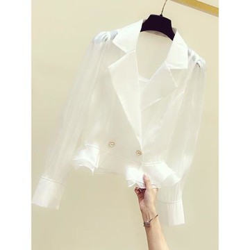 2025春秋新款韓版氣質荷葉擺西裝領長袖收腰襯衫女顯瘦雪紡襯衣潮