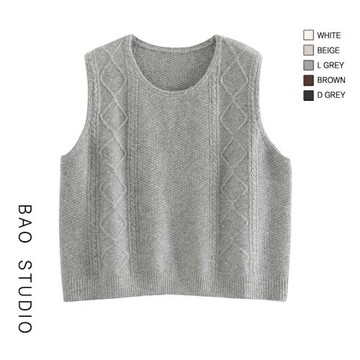 BAO STUDIO圓領菱格麻花針織馬甲冬季新款疊搭無袖背心外搭坎肩女