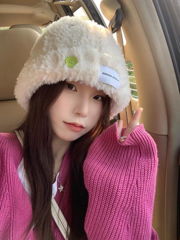 白鹿同款韓版紐扣仿皮草毛絨針織毛線帽女秋冬加厚保暖護耳漁夫帽