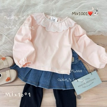🌈✨mix1001韓版 質感👍溫柔淡雅粉圈圈緹花領上衣 ✨兒童繡花瓣領純色上衣 5-17