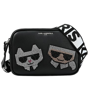 KARL LAGERFELD 卡爾 水鑽公仔造型雙層拉鍊斜背相機包.黑