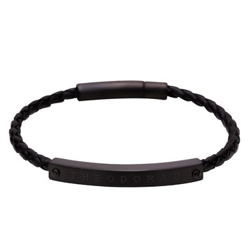 漫步天際 圓釦牌飾真皮手環-男款黑