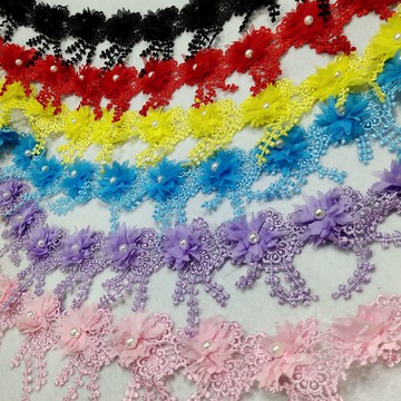 雪紡立體花朵釘珠花邊diy手工縫紉服裝輔料流蘇煙花吊衣帽紗配。