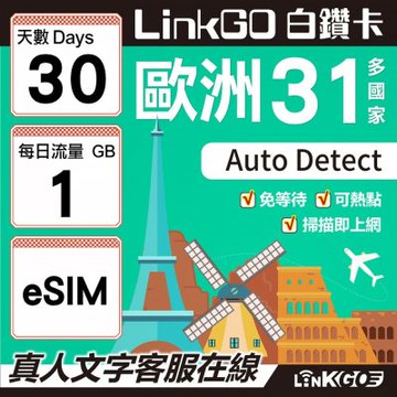 LINKGO白鑽卡 歐洲31國 eSIM卡 30天上網卡 每日1GB(歐洲網卡 西班牙 德國 奧地利 英國)