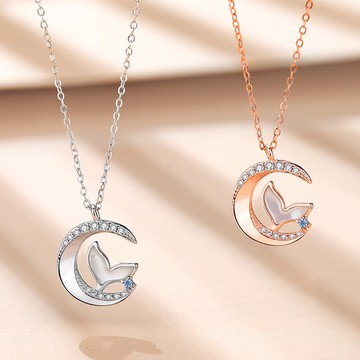 925純銀項鍊鋯石吊墜-餘生伴月貝母魚尾女飾品2色74cj26【獨家進口】【米蘭精品】