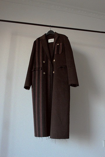 客製  重磅高品質羊毛呢 雙排扣毛邊 長大衣 條紋