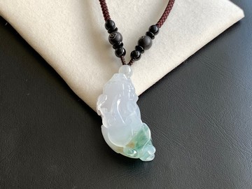 天然 玉 A貨 翡翠 冰糯種白翡飄花招財貔貅 項鍊 免費開光 手工雕