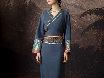 霧藍 新中式藏裝 重工織錦改良長裙