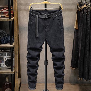 秋冬款斜插袋牛仔褲男黑色彈力修身小腳百搭2024新款潮流腰帶長褲