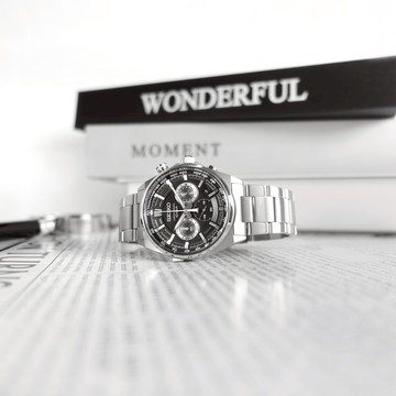 SEIKO 精工 / SSB397P1 / 經典條紋 三眼計時 日期 防水100米 不鏽鋼手錶 黑色 41mm