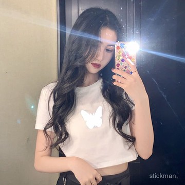 🔥臺灣出貨🔥夜光反光蝴蝶短袖T恤女夏季2023新款短款高腰露臍上衣設計感小衆