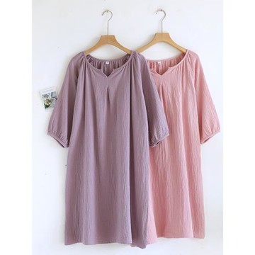 春夏秋季睡裙純棉紗布睡衣女家居服簡約寬松大碼中袖全棉麻可外穿